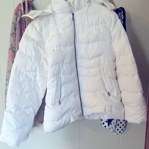 Women jou Jou White Down Coat Detachable Faux Fir Trim Hood XL Excl Cond…
